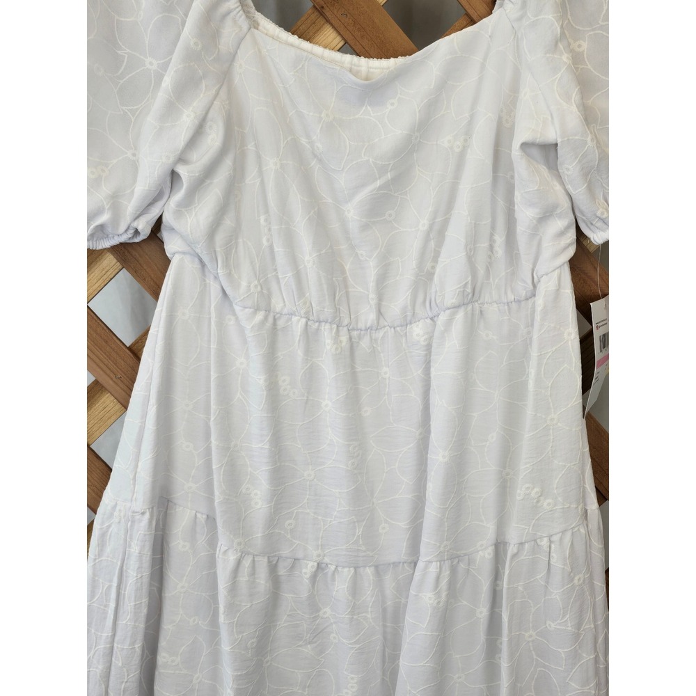 R&M by RM Richards Midi Dress Womens 10 White Eyelet Tiered Puff Sleeve -New - Picture 3 of 5